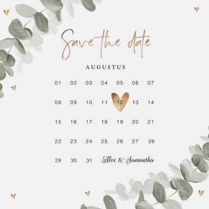 Trouwkaart save the date eucalyptus goud hartjes