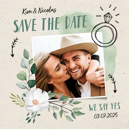 Trouwkaart save the date hip en trendy met illustraties