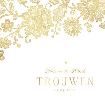 Trouwkaart vintage kant goud bloemen hartjes