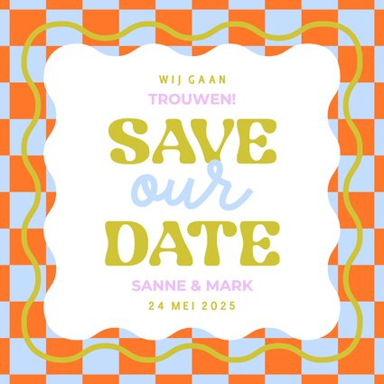 Vrolijk gekleurde save the date kaart met wave en blokjes