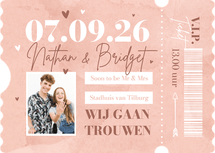 Ticketkaart bruiloft trouwkaart waterverf roze hip
