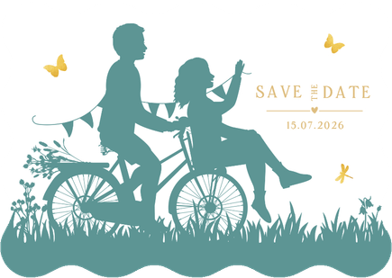 Trouwkaart silhouet samen op 1 fiets met golfrand