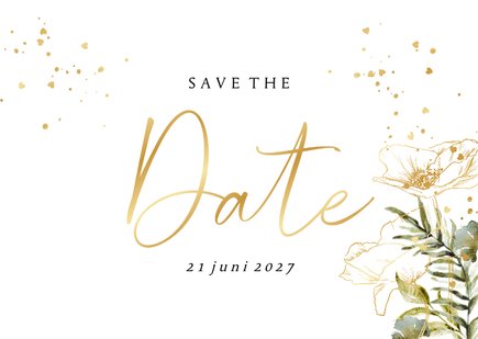 Botanische save the date waterverf bladeren hartjesconfettie