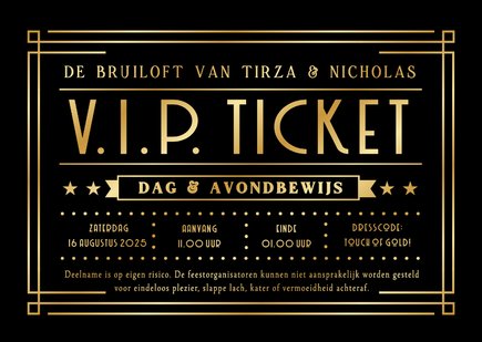 Originele VIP-ticket uitnodiging bruiloft met zwart en goud