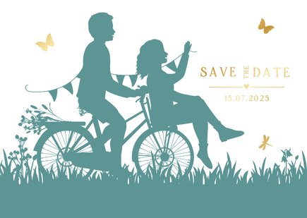 Save the Date kaart met silhouet van koppel op een fiets