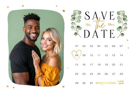 Save the date trouwkaart kalender eucalyptus foto hartjes