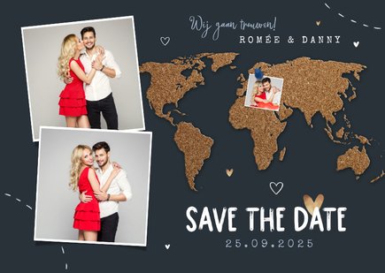 Save the date trouwkaart wereld kurk punaise foto's