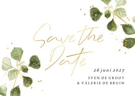 Stijlvolle save the date bladertak goud hartjesconfetti