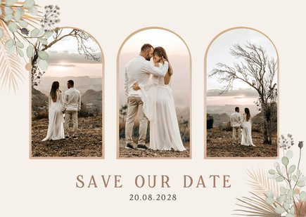 Stijlvolle Save the Date kaart droogbloemen 3 foto's