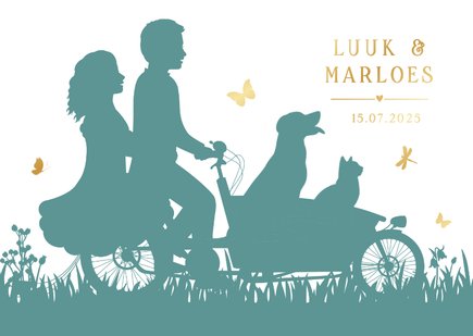 Trouwkaart met silhouet bakfiets met hond en/of kat