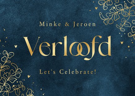 Verloofd kaart velvet blauw goud stijlvol eucalyptus hartjes