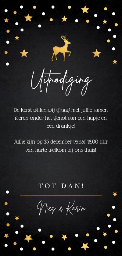 Kerstdiner Uitnodiging Zwart Confetti Goudlook | Kaartje2go