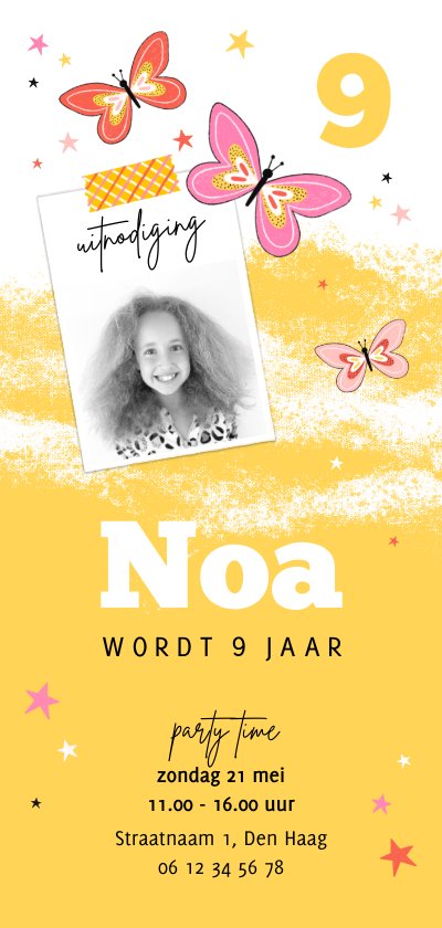 Kinderfeestje uitnodiging vlinders geel rood