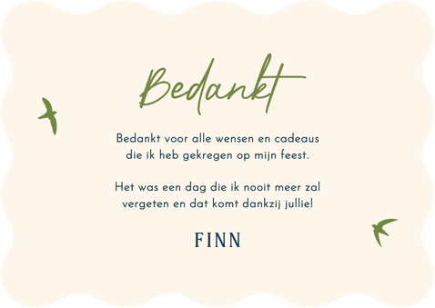 Bedankt lentefeest blauwe streep groene vogeltjes golfvorm Achterkant