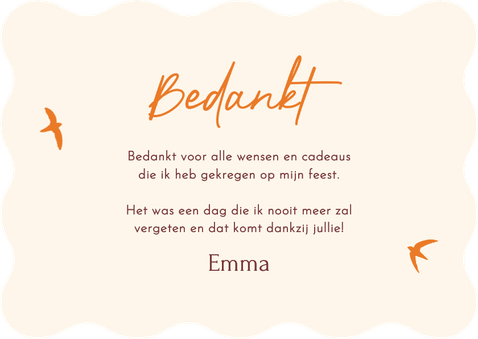 Bedankt lentefeest roze streep met oranje vogeltjes golfvorm Achterkant
