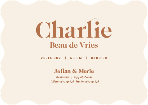 Beige geboortekaartje golfrand met abstracte vorm Achterkant