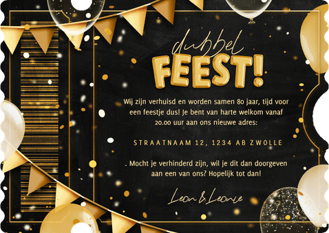 Dubbel feest ticket uitnodiging met ballonnen en confetti Achterkant