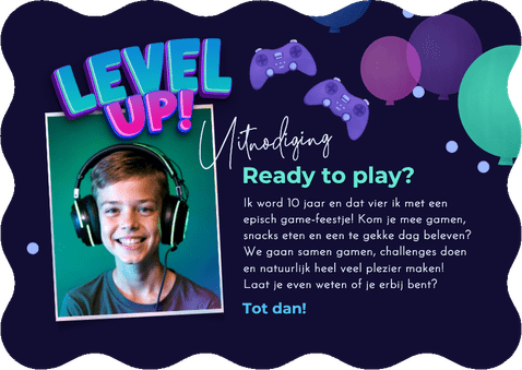 Enkele uitnodiging game party level up wave Achterkant