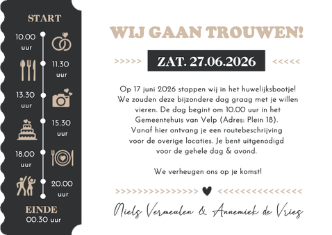 Festival wedding ticket uitnodiging in echte ticket vorm Achterkant
