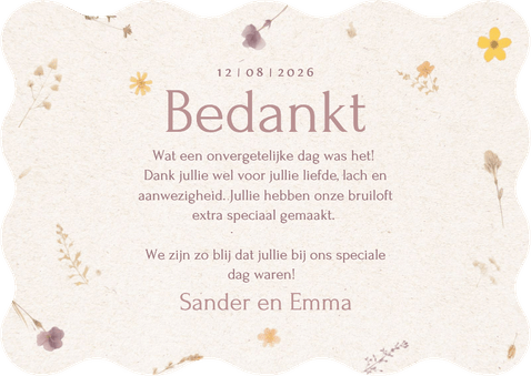 Fotokaart trouwen met geschulpte rand bedankt en bloemetjes Achterkant