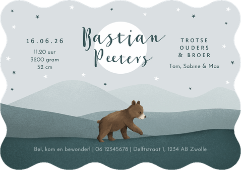 Geboortekaartje beren familie broertje schattig dieren maan Achterkant