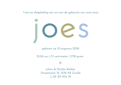 Geboortekaartje gekleurde naam met groene blokjes wave vorm Achterkant