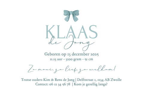 Geboortekaartje klassiek vintage gestreept strikje blauw Achterkant