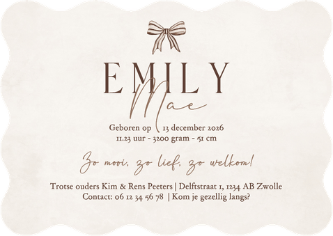 Geboortekaartje wave strikje beige gestreept stijlvol lief Achterkant