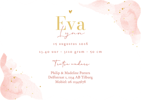 Geboortekaartje wave vorm roze waterverf goud hartje Achterkant
