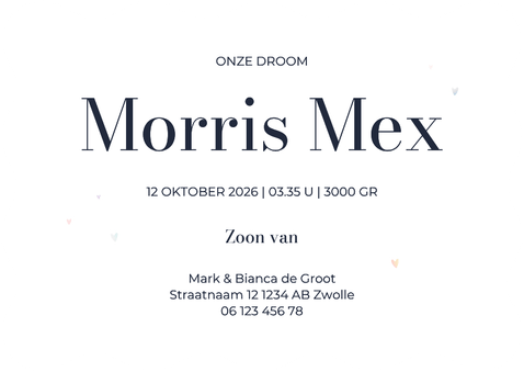 Golvend geboortekaartje met blauwe waterverf en hartjes Achterkant