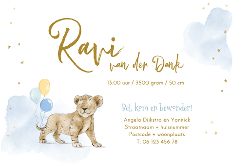 Golvend geboortekaartje met leeuw waterverf Achterkant