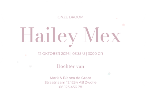 Golvend geboortekaartje met lila waterverf en bloempjes Achterkant