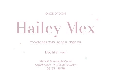 Golvend geboortekaartje met lila waterverf en bloempjes Achterkant