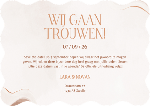 Golvende save the date foto stijlvol met marmereffect  Achterkant