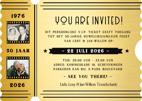 Gouden ticket huwelijksjubileum uitnodiging Achterkant