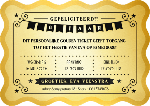 Gouden ticket uitnodiging kaart kinderfeestje golvende rand Achterkant