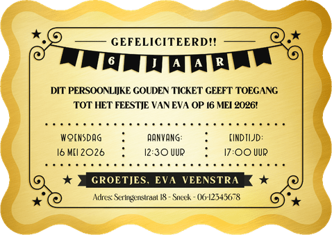 Gouden ticket uitnodiging kaart kinderfeestje golvende rand Achterkant