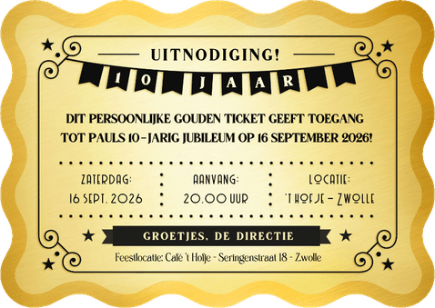 Grappige uitnodiging jubileum gouden ticket Achterkant