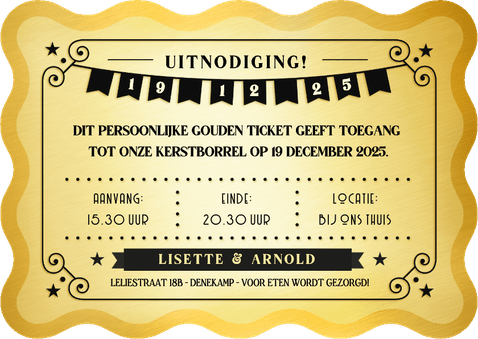 Grappige uitnodiging kerstborrel gouden ticket stijl Achterkant