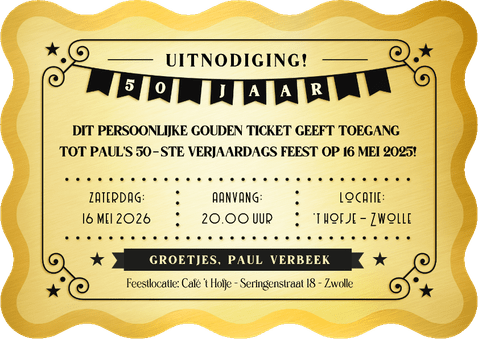 Grappige uitnodiging verjaardag feest gouden ticket Achterkant
