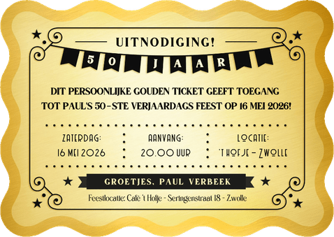 Grappige uitnodiging verjaardag feest gouden ticket Achterkant