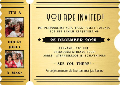 Grappige uitnodiging VIP ticket kerstdiner voor familie Achterkant