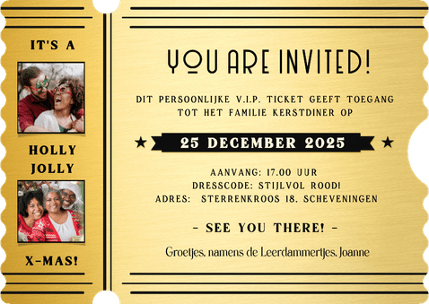 Grappige uitnodiging VIP ticket kerstdiner voor familie Achterkant