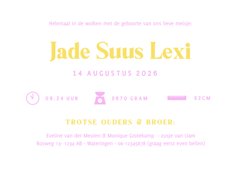 Hip lila colorblocking geboortekaartje meisje golvende rand Achterkant