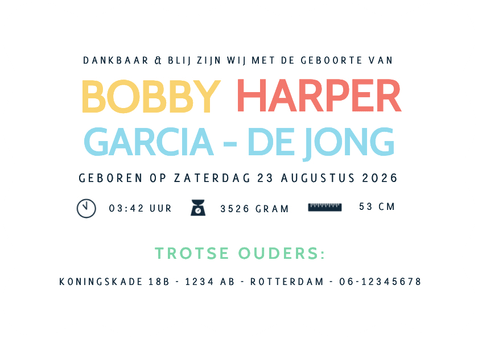 Hip minimalistisch uniseks geboortekaartje met golfrand Achterkant