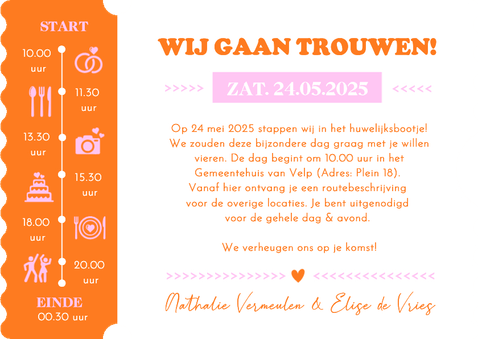 Hippe ticket vorm uitnodiging trouwen met felle kleuren Achterkant