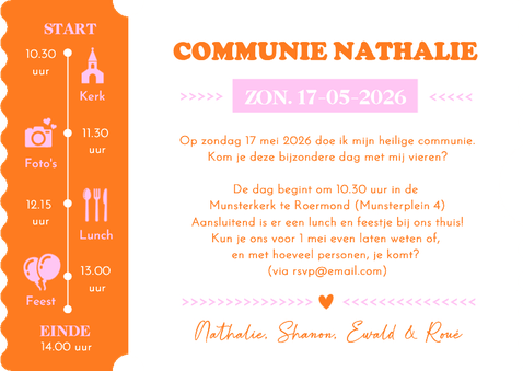 Hippe uitnodiging in ticket vorm - communie meisje  Achterkant