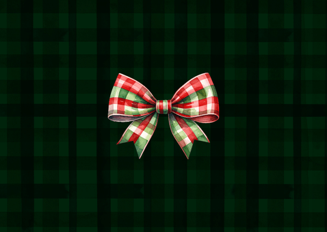 Kerstkaart kerstkrans kerstballen ruiten strik en foto Achterkant