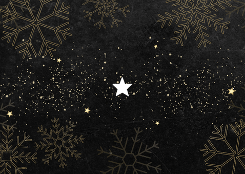 Kerstkaart Merry Christmas gouden sneeuwvlokken en sterren  Achterkant