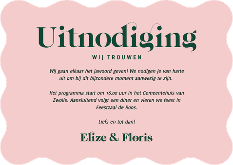 Kunstzinnige trouwkaart met golvende rand groen met roze Achterkant